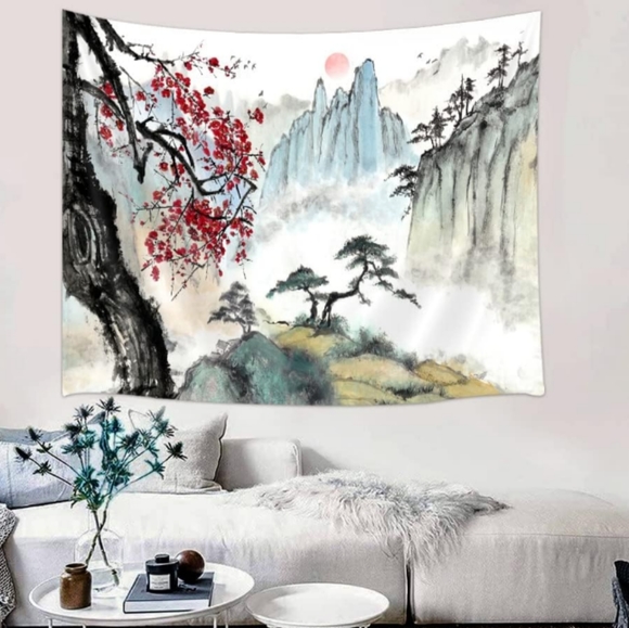 Big Japanese Mountain Scenery Cherry Trees Wall Tapestry Asian Nature Scene New - Picture 2 of 5